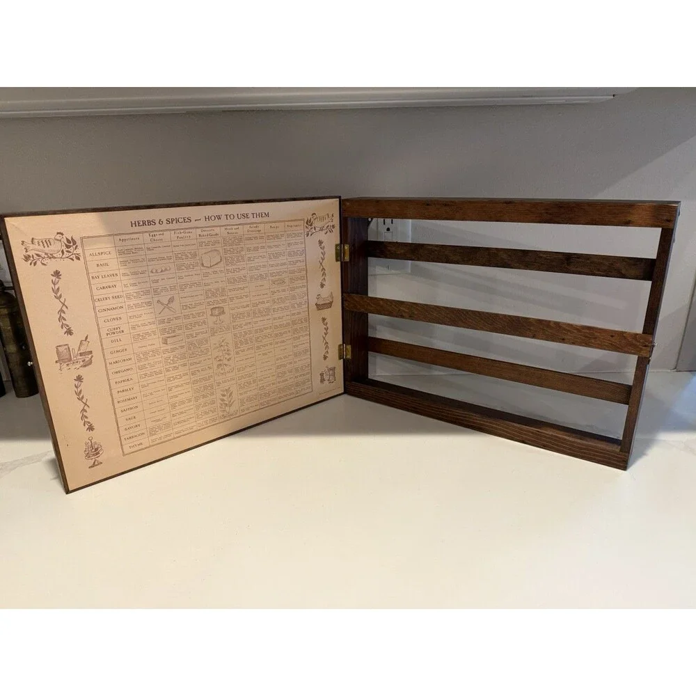 Vtg 60s Three Mountaineers Wooden Spice Rack Wall Cabinet MCM Rustic Kitchen